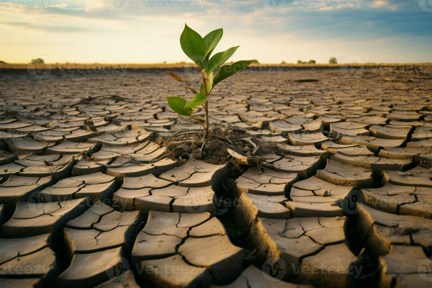 overleven de droogte, een boom staat veerkrachtig Aan gebarsten grond ai gegenereerd foto