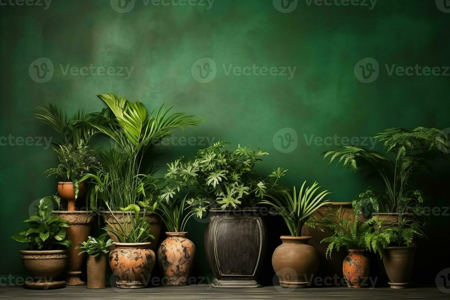 planten in oud potten, binnen- tuin en tuinieren hobby concept. studio donker groen achtergrond. ai generatief foto