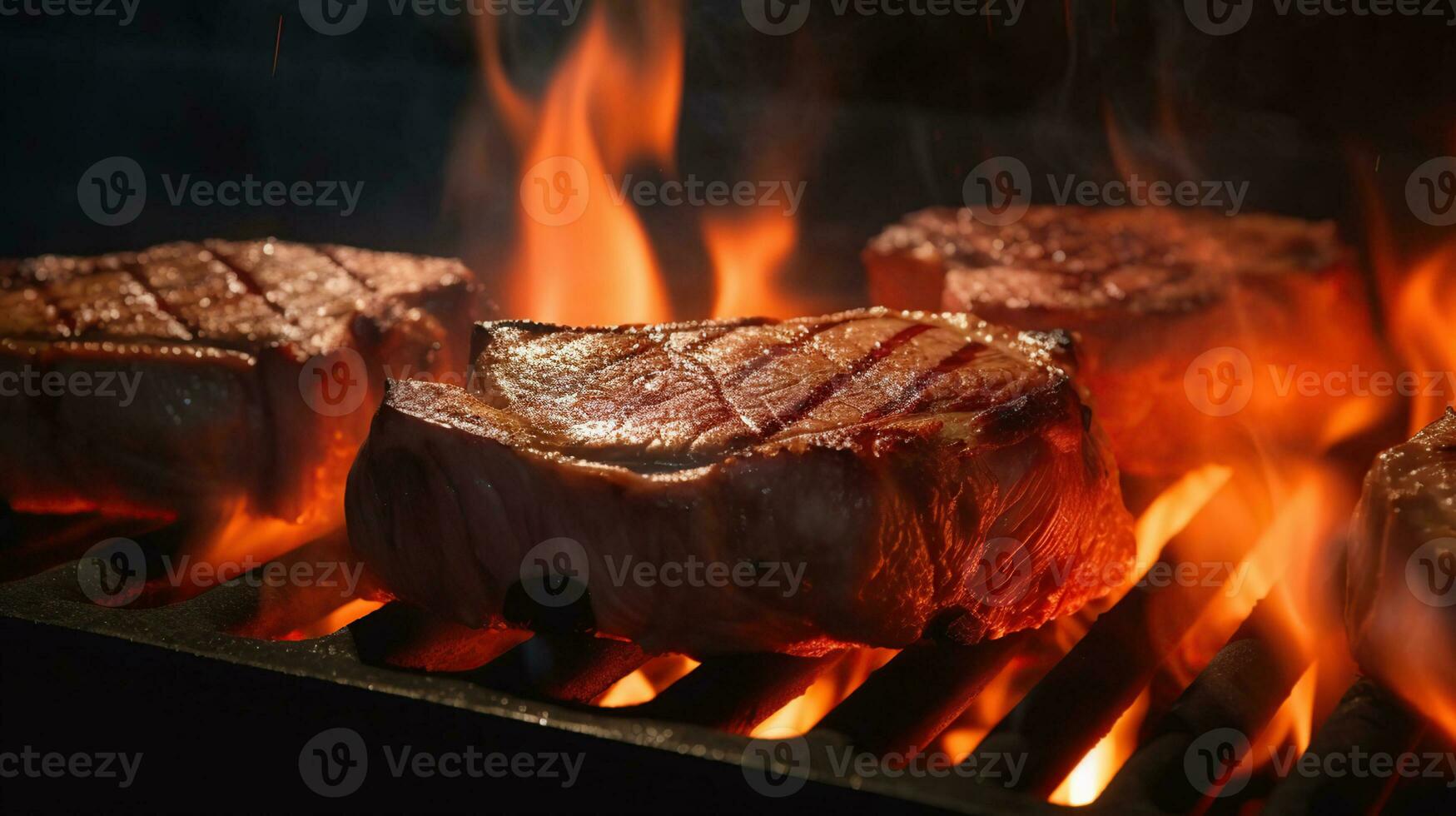 rundvlees steaks Aan de rooster met vlammen, ai generatief foto