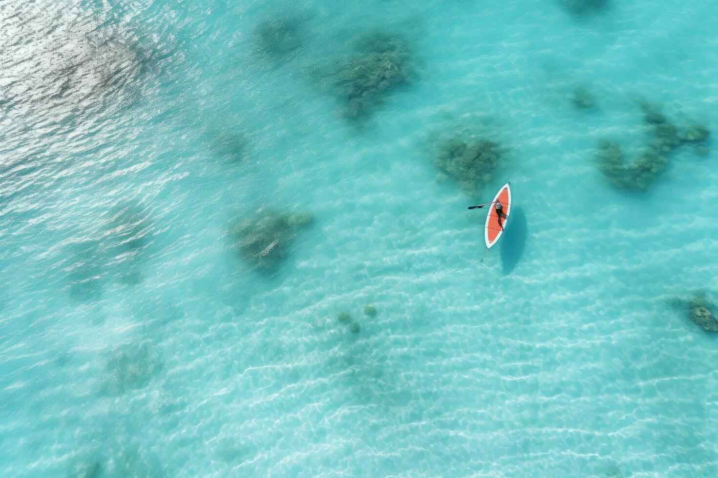 antenne visie van een kajak in de turkoois zee, antenne visie van een vrouw Aan een surfboard in de turkoois wateren van de Maldiven, ai gegenereerd foto