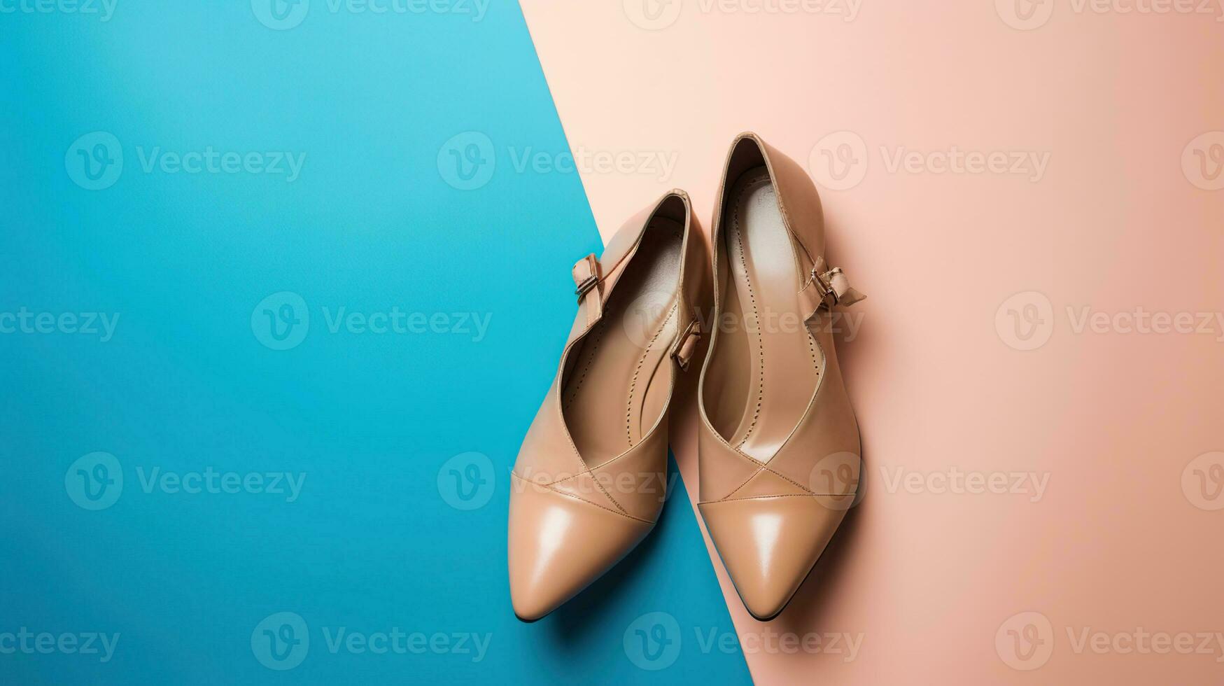 elegant klassiek vrouwen beige leer schoenen met medium hoog hakken, Aan blauw veelkleurig papier achtergrond. kopiëren ruimte, vlak leggen. schoen uitverkoop, opruiming advertentie concept. ai generatief foto