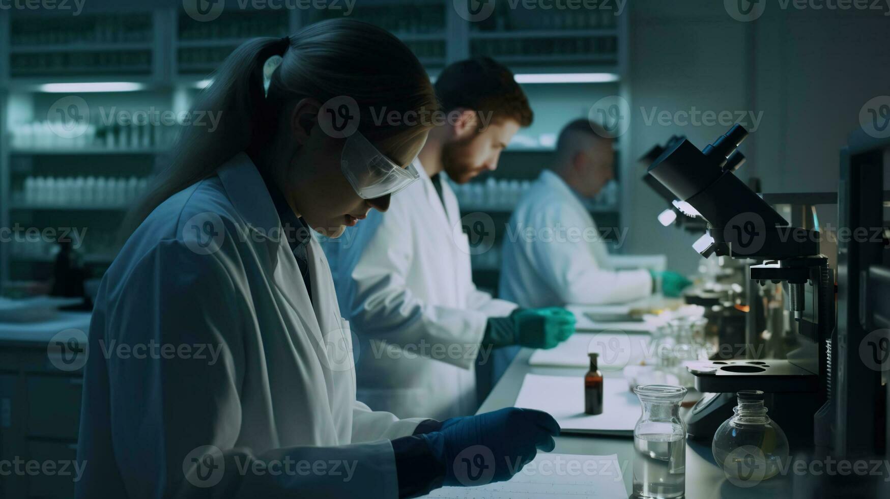 verkennen de grenzen van wetenschap, toegewijd mannen en Dames Bij werk in de laboratorium. generatief ai foto