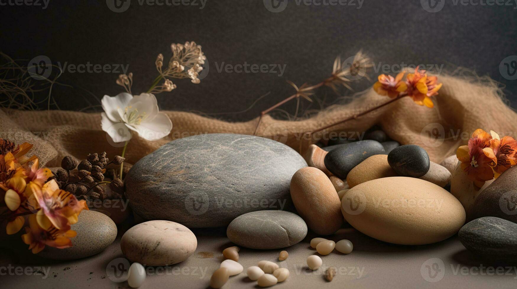 samenstelling met symbolisch voorwerpen voor spa salon. steen behandeling attributen voor kunstmatig procedures. conceptuele afbeelding, rotsen en bloemen vertegenwoordigen evenwicht. ai generatief foto