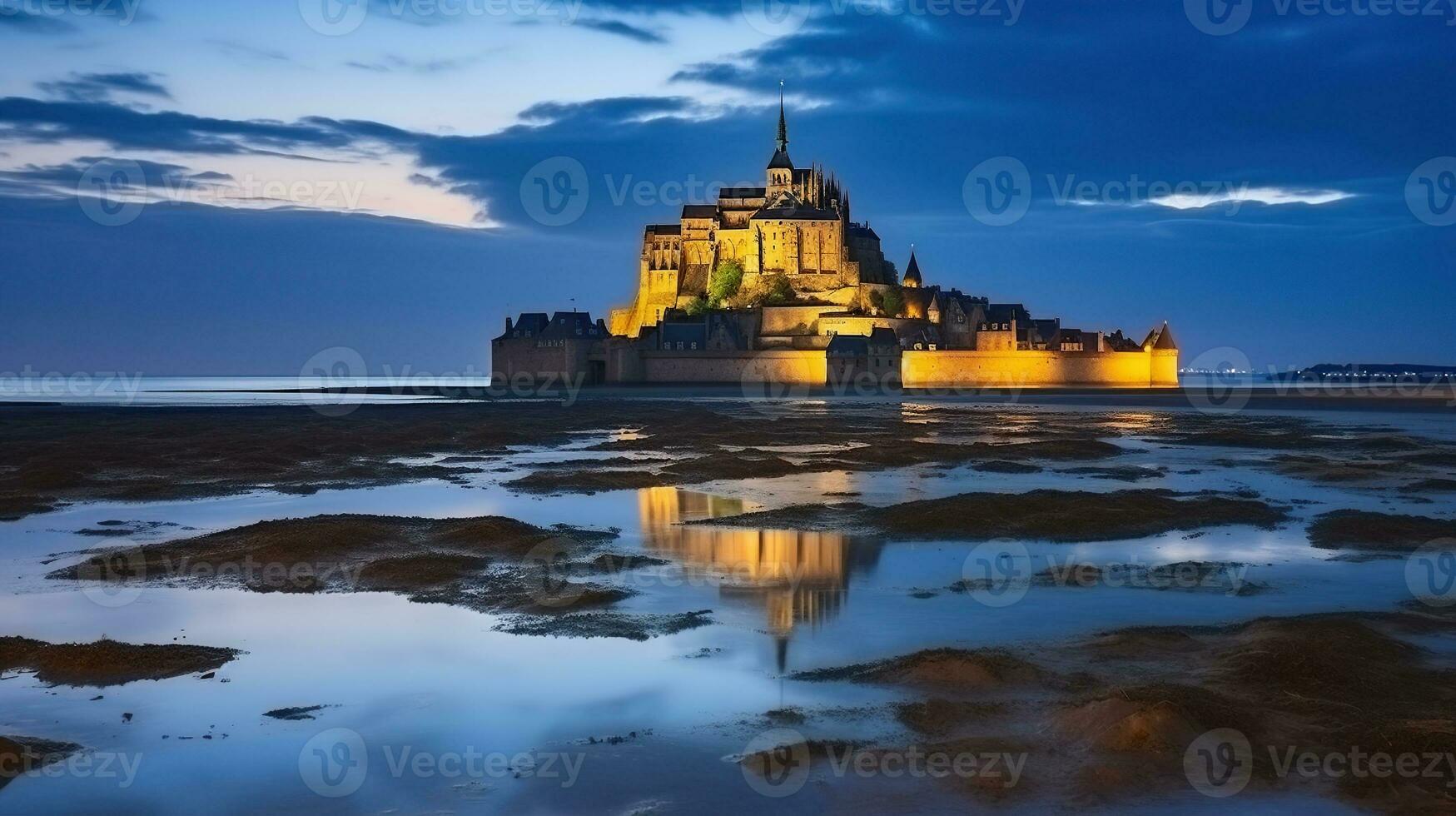 laag tij Aan de kust en visie naar de kasteel met nacht lichten in Normandië, generatief ai foto