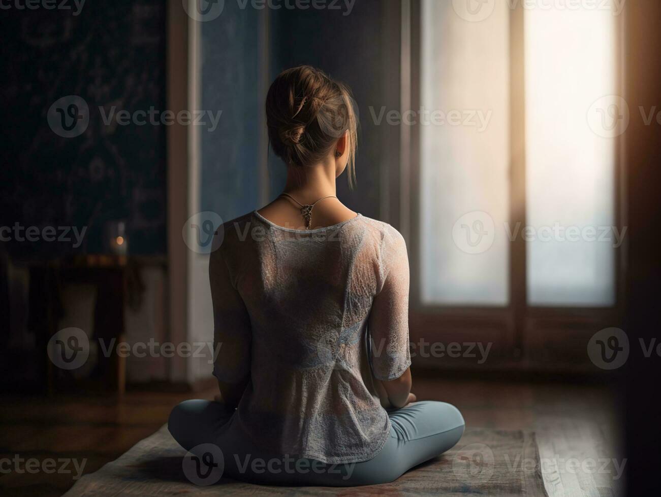 jong vrouw met mooi zo houding mediteren Bij huis, generatief ai foto