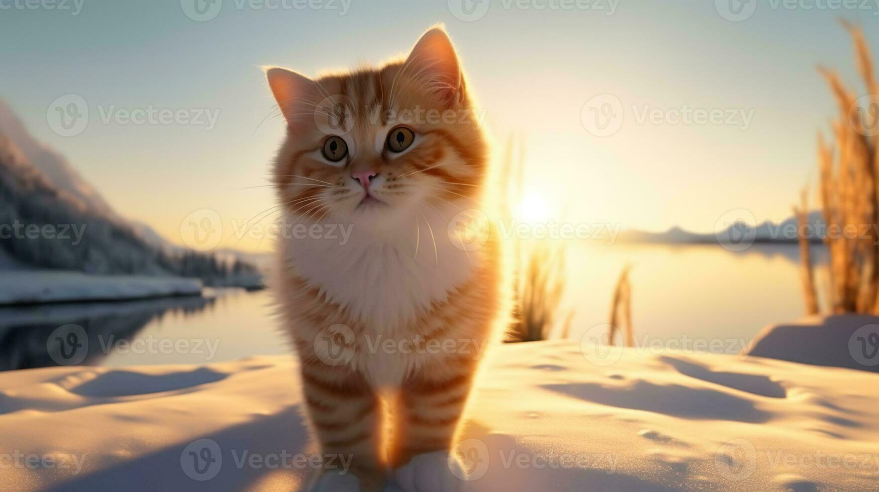 heel schattig en gelukkig Chinese oranje kat, met blauw lucht en zonneschijn, schattig groot ogen. generatief ai foto