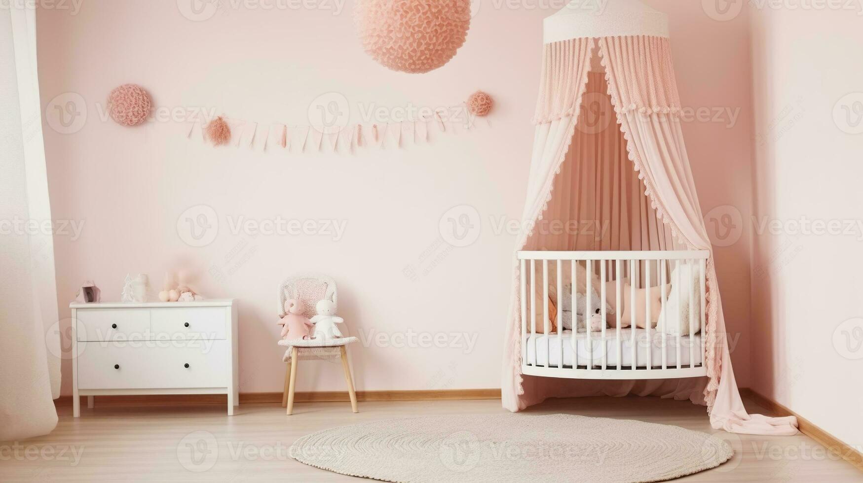 wit wollen deken en pastel roze POM Pom en houten wieg met luifel in helder baby kamer interieur, generatief ai foto
