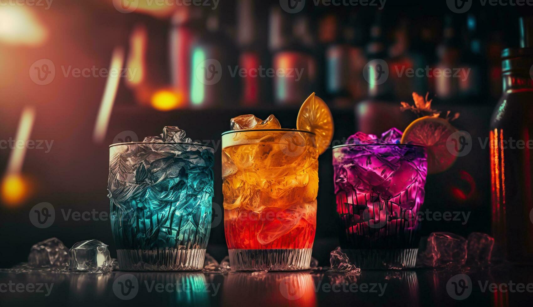 verschillend heerlijk cocktails Aan zwart tafel in bar. ai generatief foto