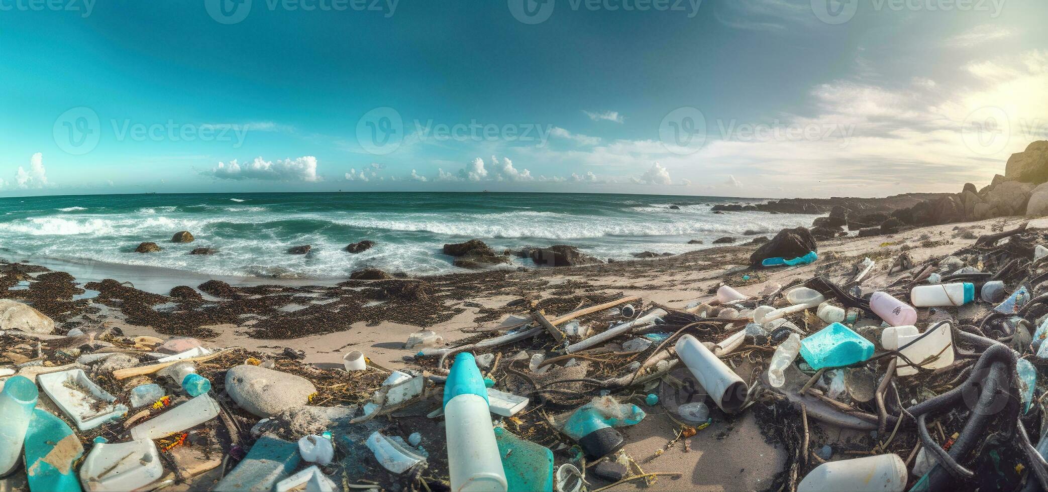 strand vol van vuilnis en plastic afval. milieu en recycle concepten. generatief ai foto