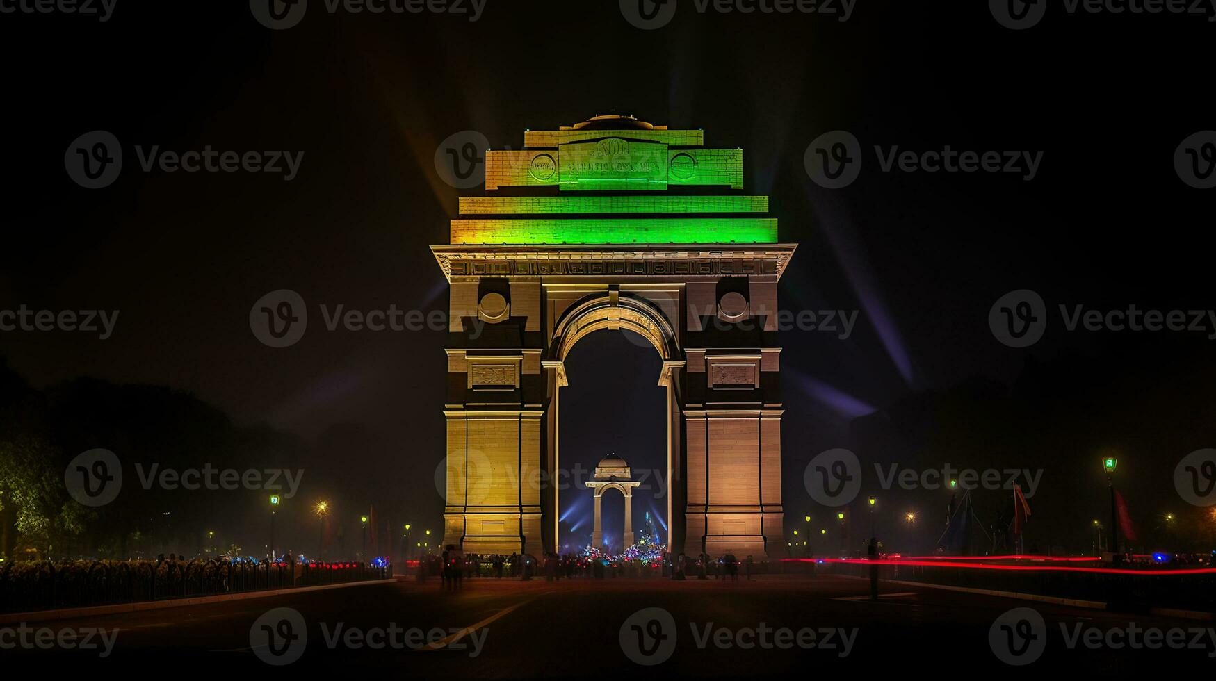 mooi Indië poort Bij nacht met veelkleurig lichten. deze mijlpaal is een van de hoofd attracties van Delhi en een populair toerist bestemming. generatief ai foto