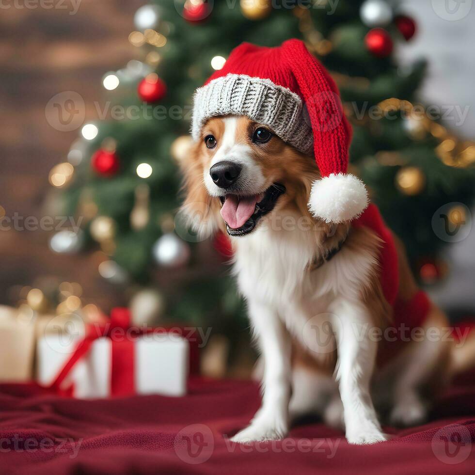 vrolijk hond in een nieuw jaar rood hoed in de buurt Kerstmis boom foto