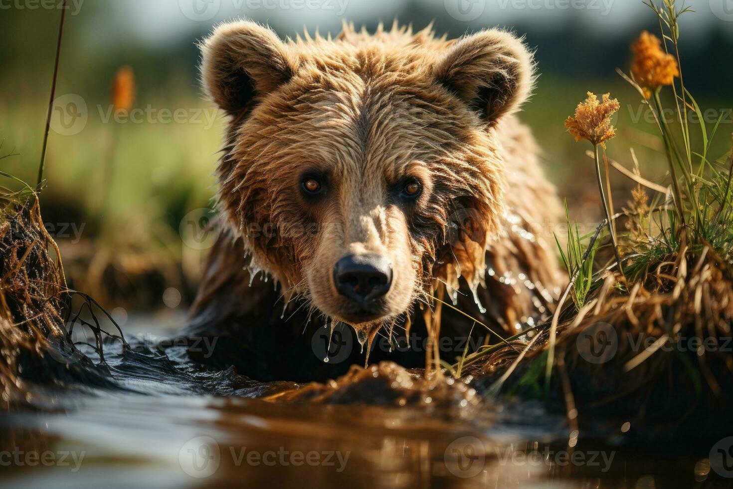 bruin beer visvangst in een rivier. generatief ai foto