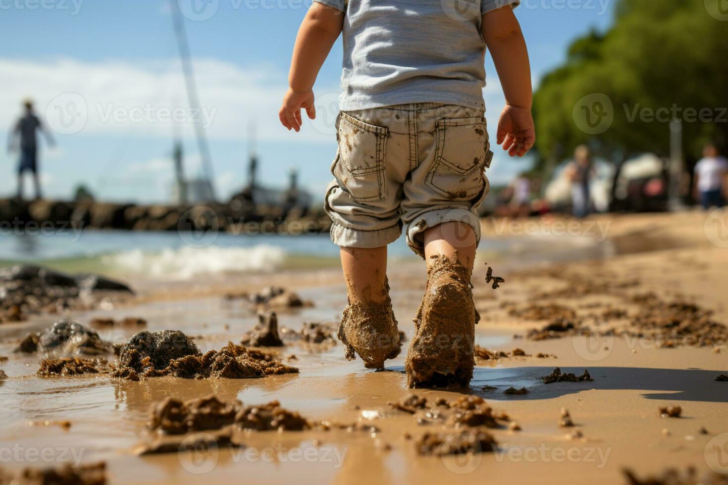 kinderen mijlpaal moment, stepping vol vertrouwen Aan de stranden warm zand ai gegenereerd foto