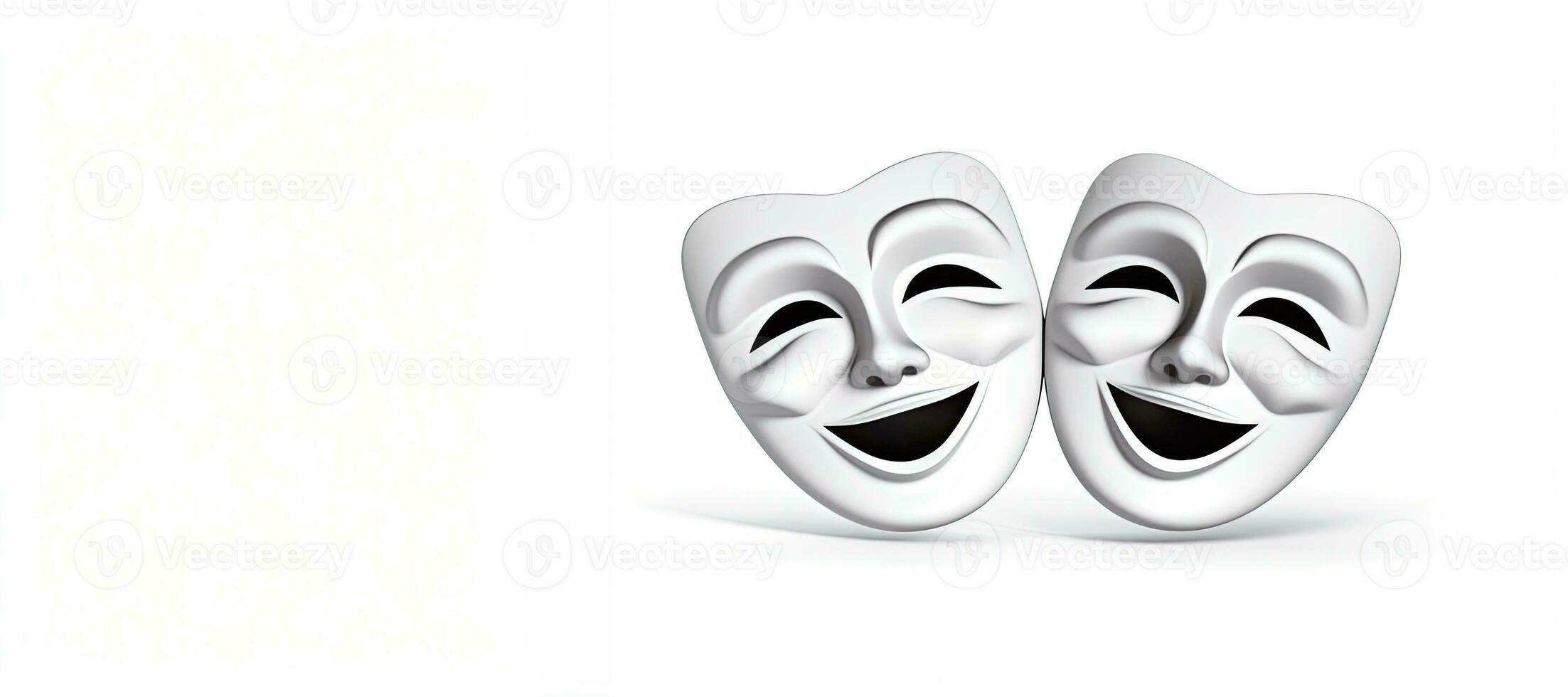 twee komedie maskers kant door kant geïsoleerd Aan wit met kopiëren ruimte. ai gegenereerd foto