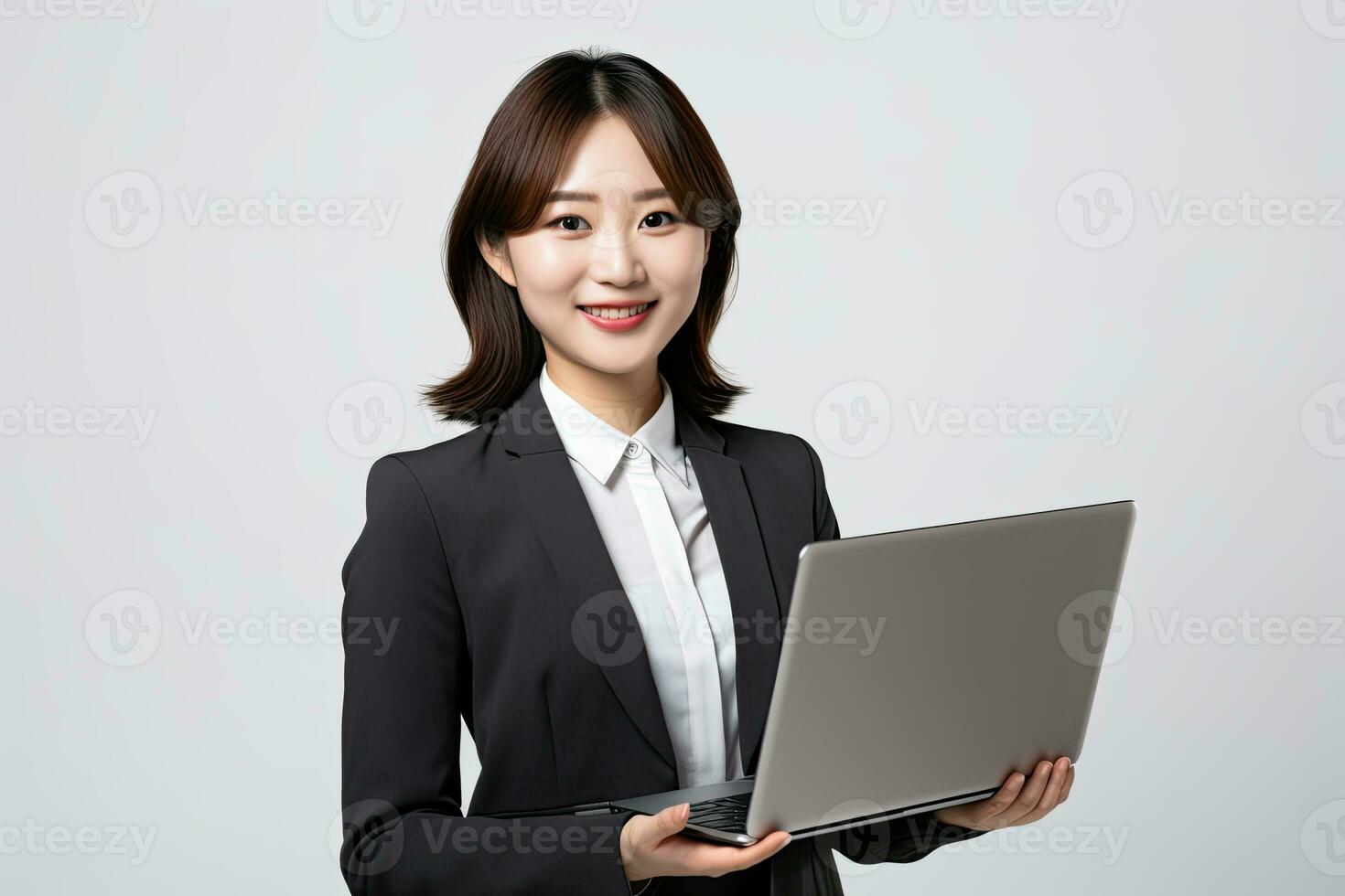 jong Aziatisch zakenvrouw Holding een laptop computer geïsoleerd Aan wit. ai gegenereerd foto