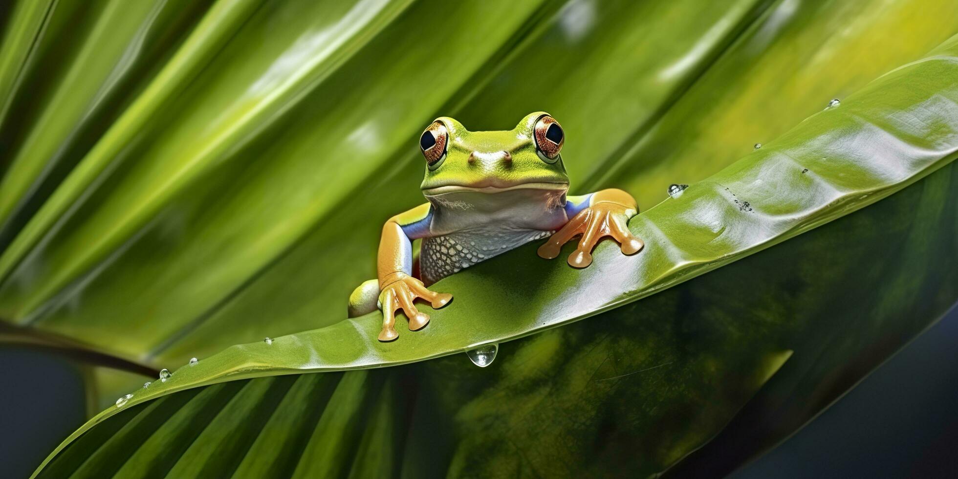 dumpy kikker Aan bladeren, kikker, amfibie, reptiel. generatief ai foto