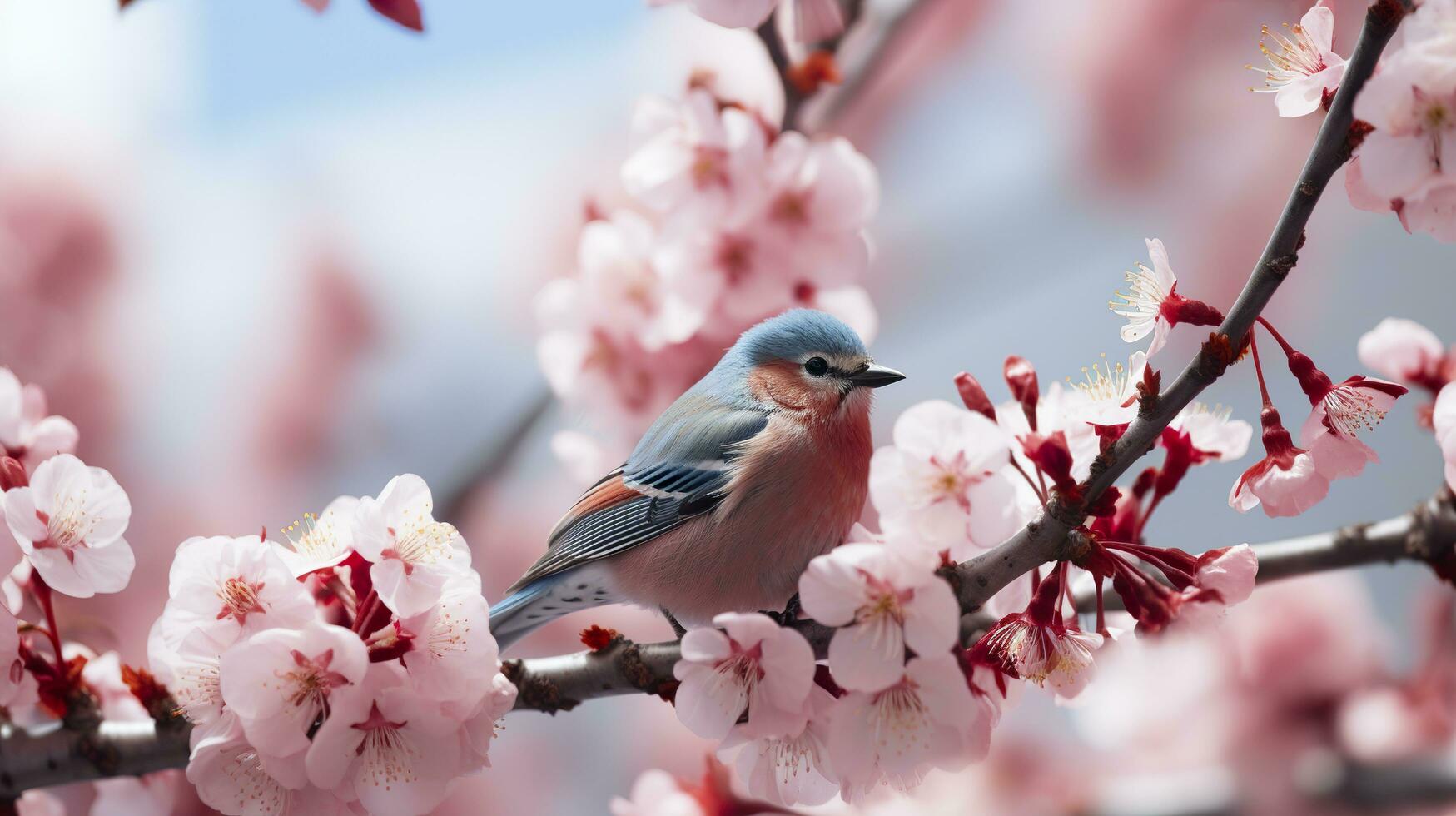 vogelstand zittend in een boom gevulde met kers bloesem bloemen. generatief ai foto