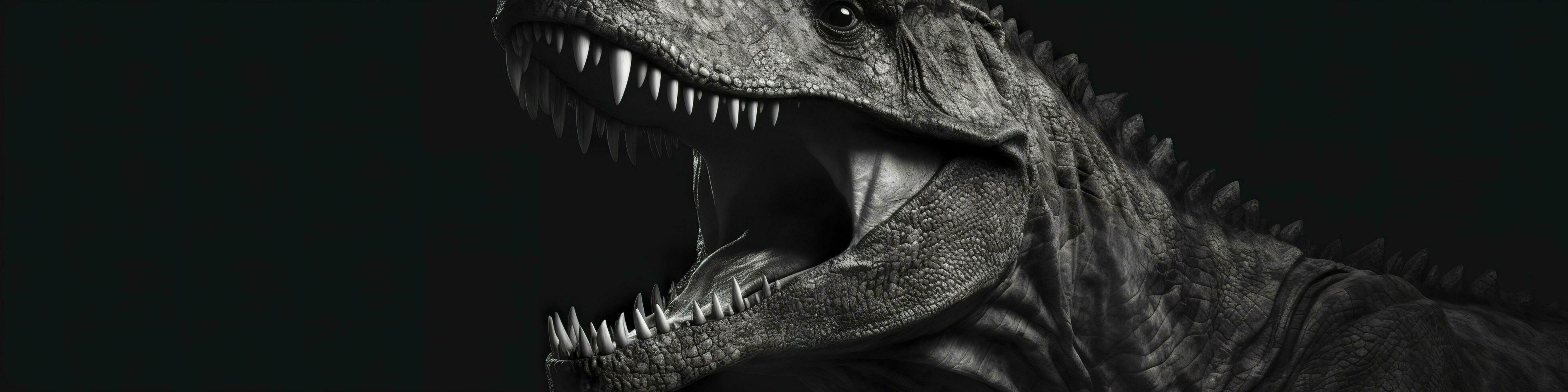 zwart en wit fotorealistisch studio portret van een tyrannosaurus rex Aan zwart achtergrond. generatief ai foto