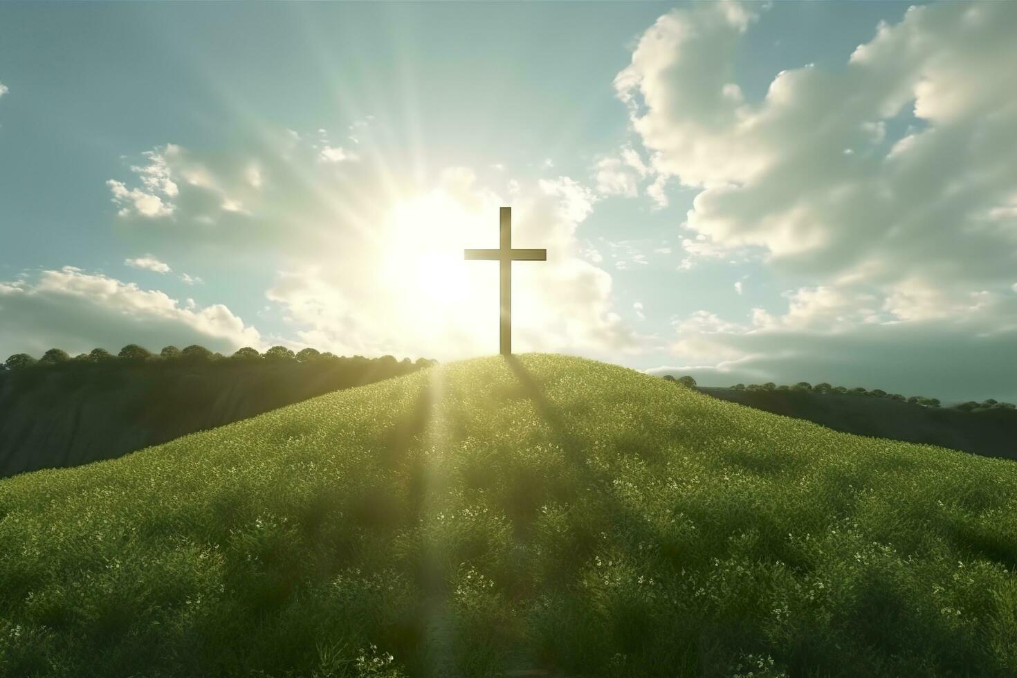 de kruis van god met groen blad, in de stralen van de zon en blauw lucht. kruis Aan de heuvel met groen bomen en groen natuurlijk visie. religieus concept, ai generatief foto