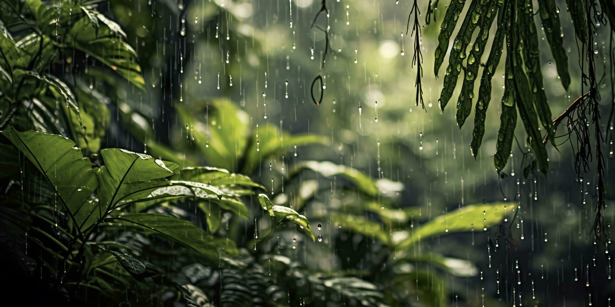 regen valt in een regenwoud met de regen druppels. generatief ai foto