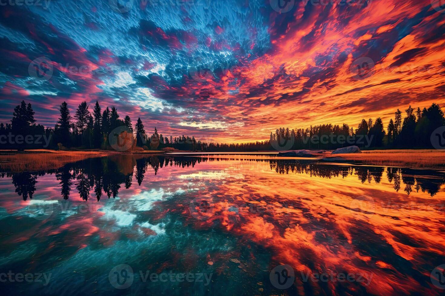 een kleurrijk zonsondergang over- een meer met rotsen en een meer in de voorgrond foto
