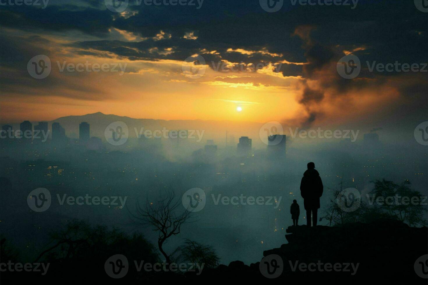 silhouetten te midden van stad smog, vechten long kanker hard realiteit ai gegenereerd foto