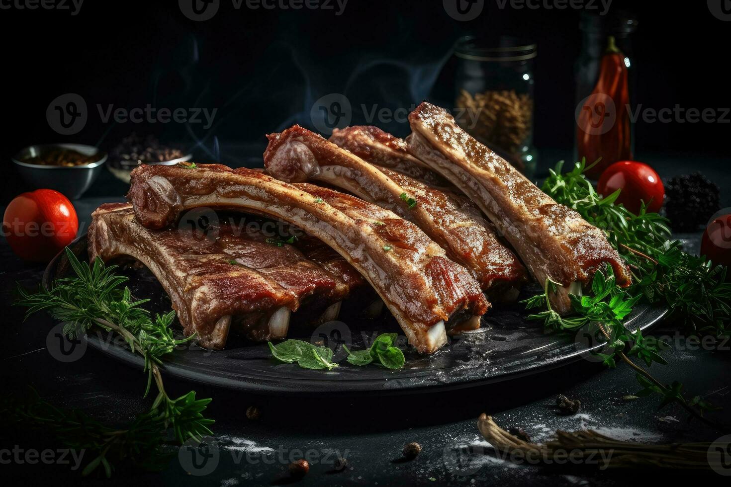 lam rib en schachten rooster met kruiden, generatief ai foto