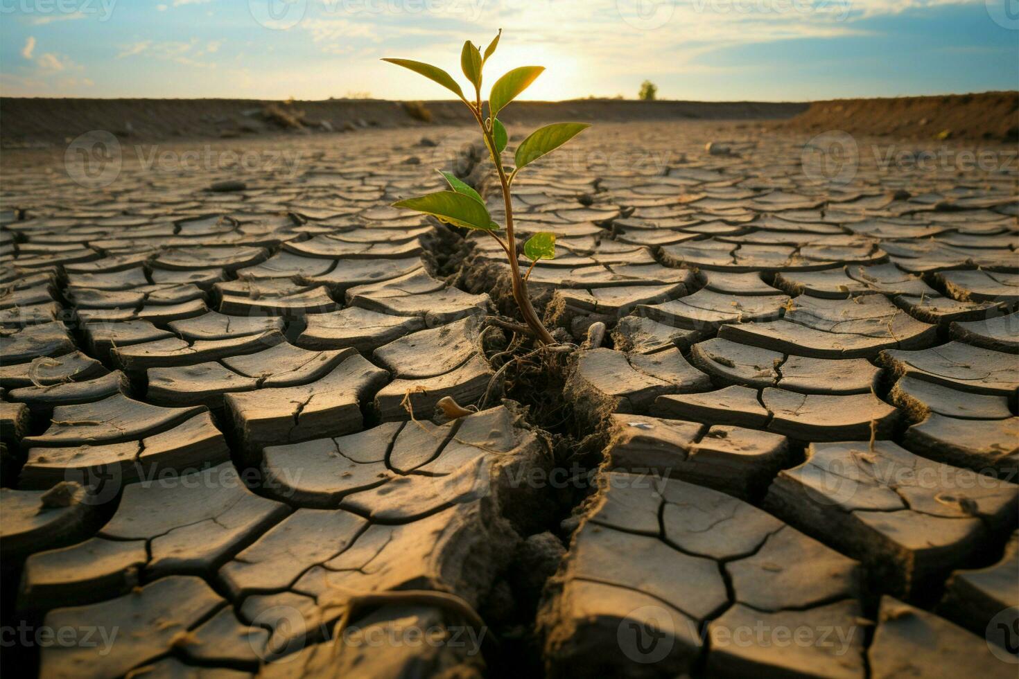 overleven de droogte, een boom staat veerkrachtig Aan gebarsten grond ai gegenereerd foto