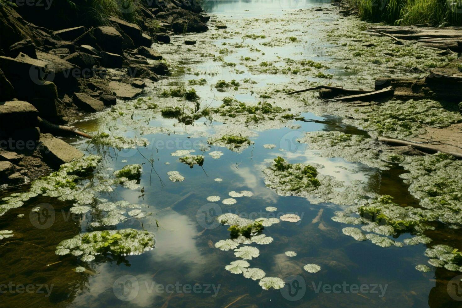 vervuild rivier- in de buurt riolering afvoer, overwoekerd water, milieu kwestie ai gegenereerd foto