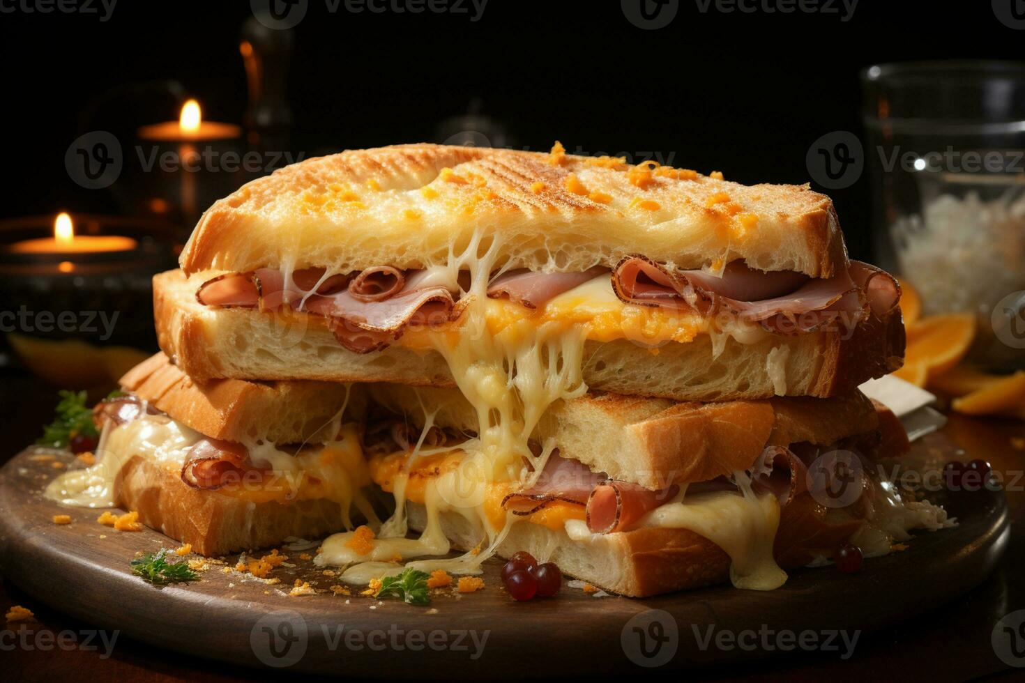 ham en kaas omhelzing in een gouden monte cristo symfonie ai gegenereerd foto