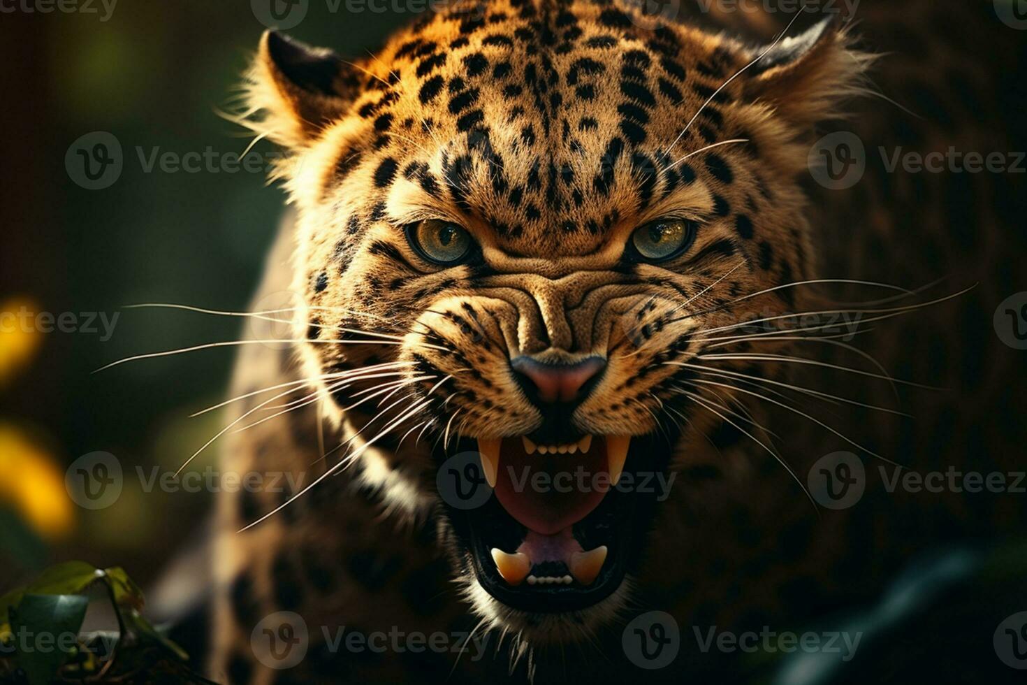 majestueus roofdier, een detailopname portret van een boos luipaard in wildernis ai gegenereerd foto