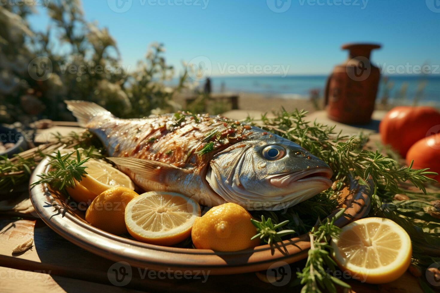 pittig zee brasem, met kruiden doordrenkt, strand genot Aan een zonovergoten middag ai gegenereerd foto