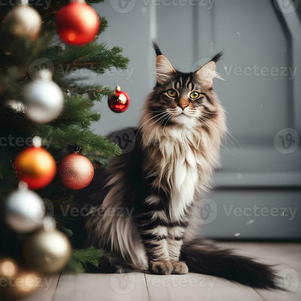 groot Maine wasbeer kat in de buurt naar de Kerstmis boom foto