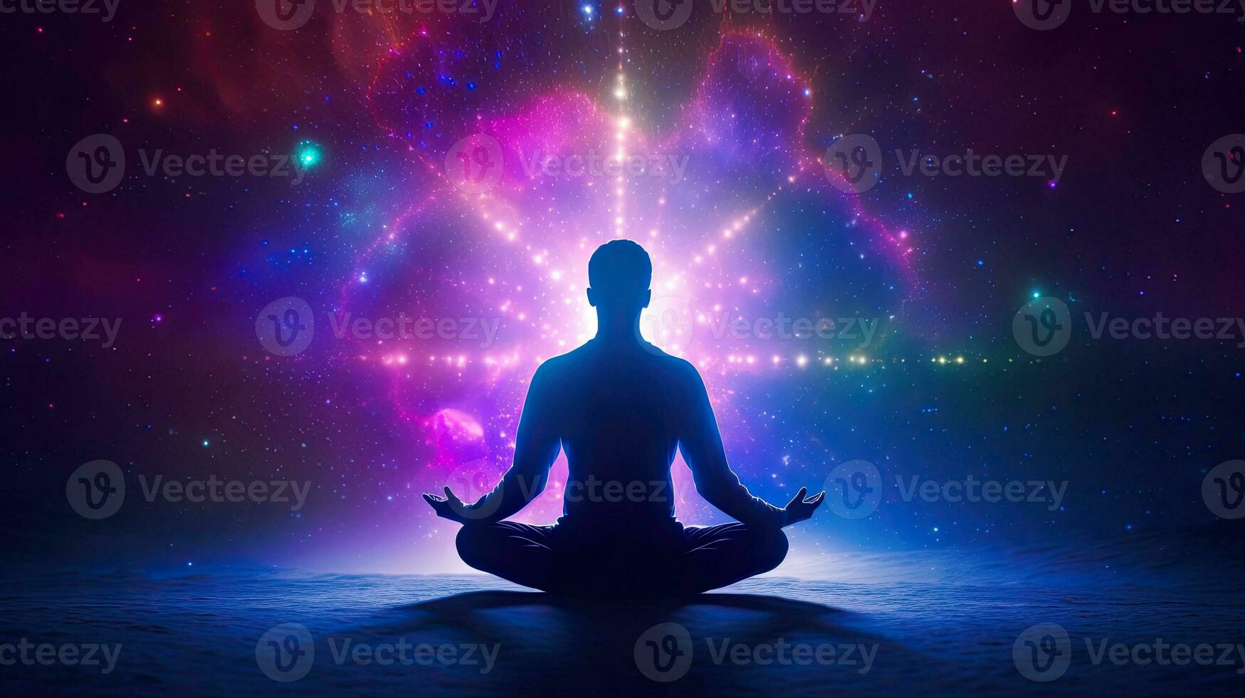 mediteren menselijk silhouet in yoga lotus houding. heelal universum achtergrond. kleurrijk chakra's en aura gloed. macht van verstand. paranormaal. meditatie en geestelijkheid universum. generatief ai foto