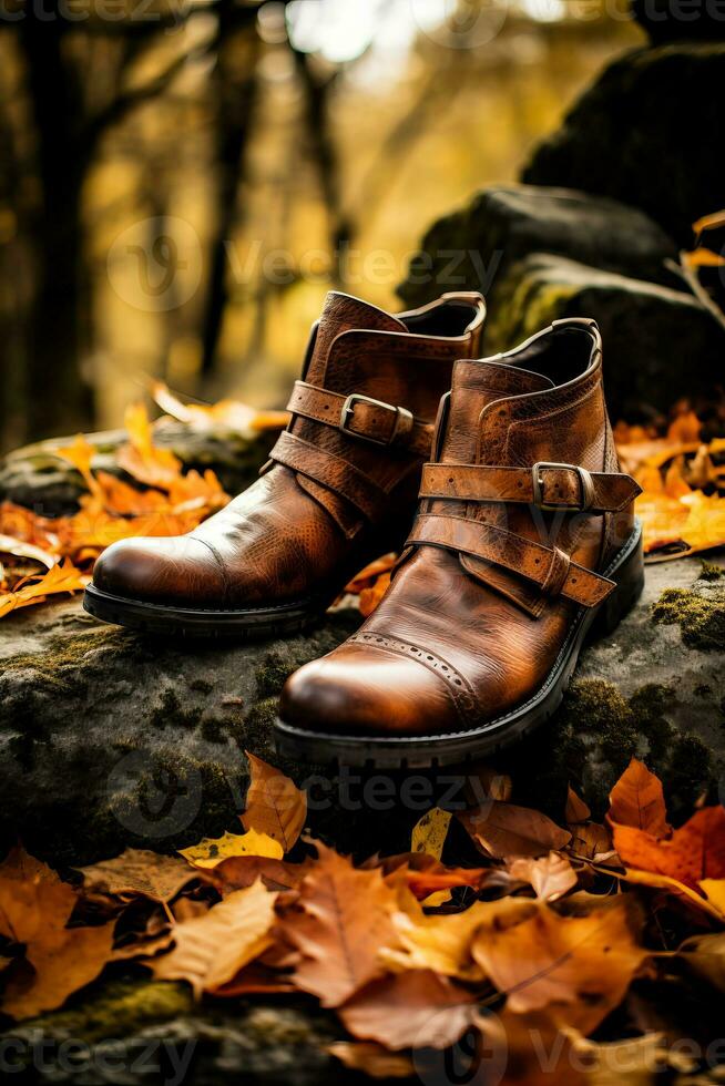 een rustiek paar- van enkel laarzen omringd door gedaald bladeren vastleggen de essence van herfst mode trends foto