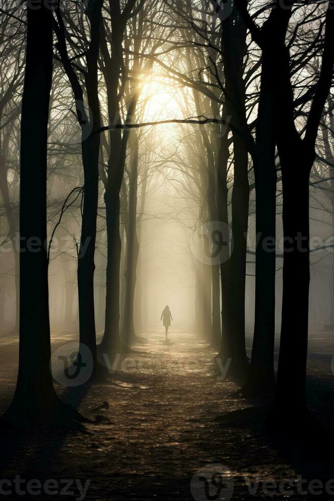 een sereen silhouet van kaal bomen gieten lang schaduwen Aan een nevelig ochtend- in november foto