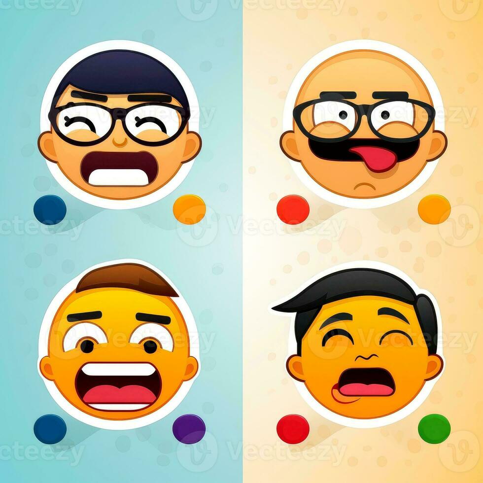 reeks van tekenfilm gezichten uitdrukkingen, gezicht emoji's, stickers, emoticons, tekenfilm grappig mascotte tekens gezicht set, generatief ai illustratie foto