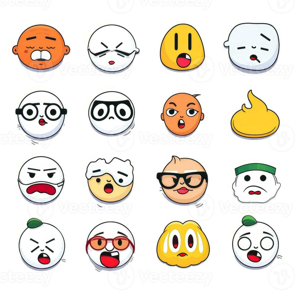 reeks van tekenfilm gezichten uitdrukkingen, gezicht emoji's, stickers, emoticons, tekenfilm grappig mascotte tekens gezicht set, generatief ai illustratie foto