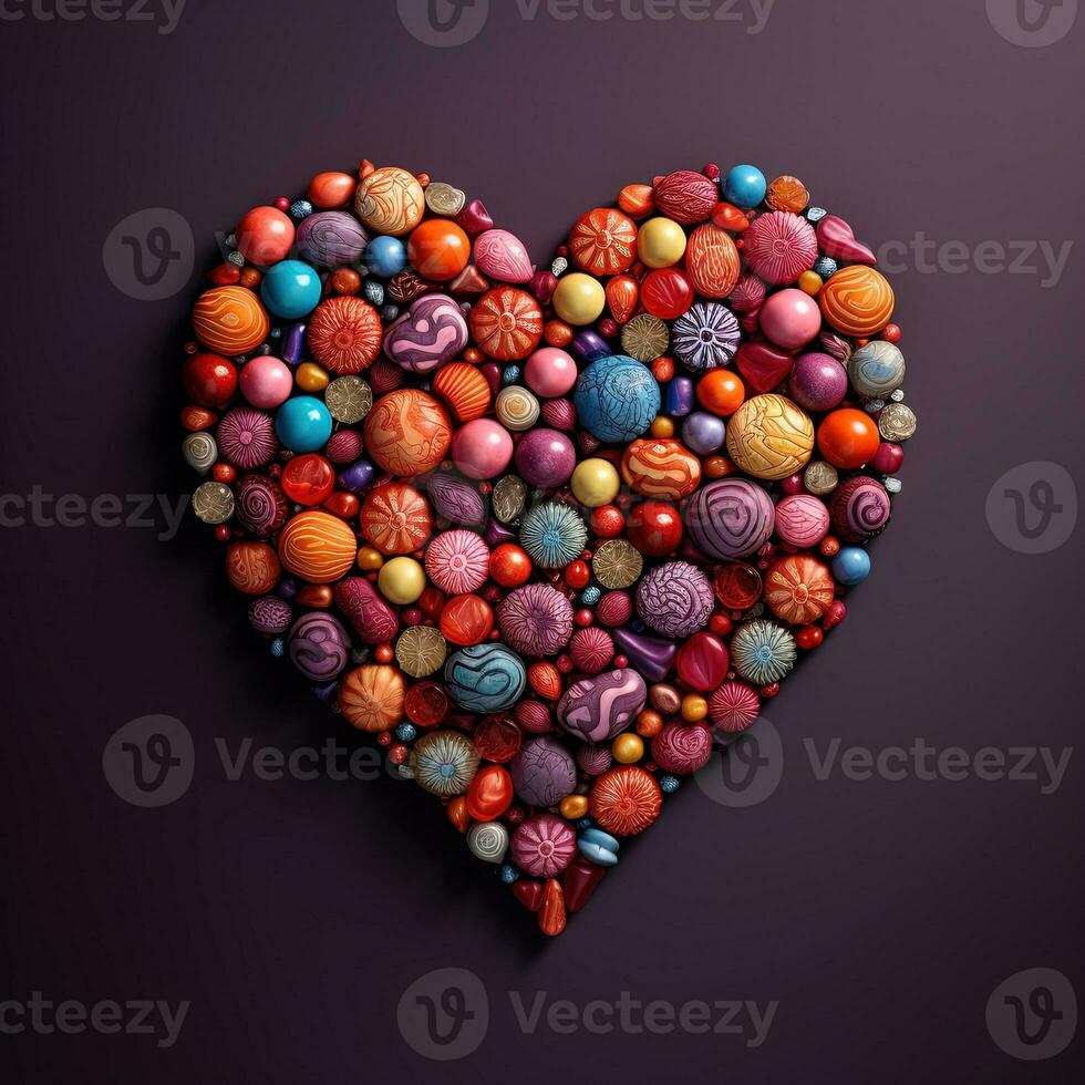 symbool van liefde. de perfect hart van snoepgoed Aan een lila achtergrond dichtbij omhoog. ai gegenereerd foto