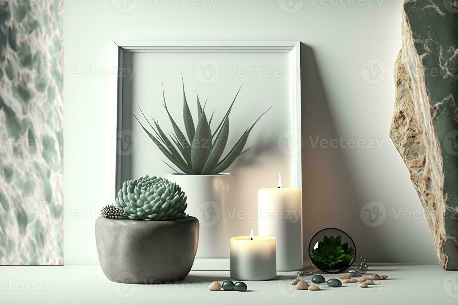 modern afbeelding kader mockup voor kamer decor. een plank met een decoratief kaars, glas, hout, en rotsen is geplaatst tegen een wit muur. ingemaakt kamerplant. generatief ai foto