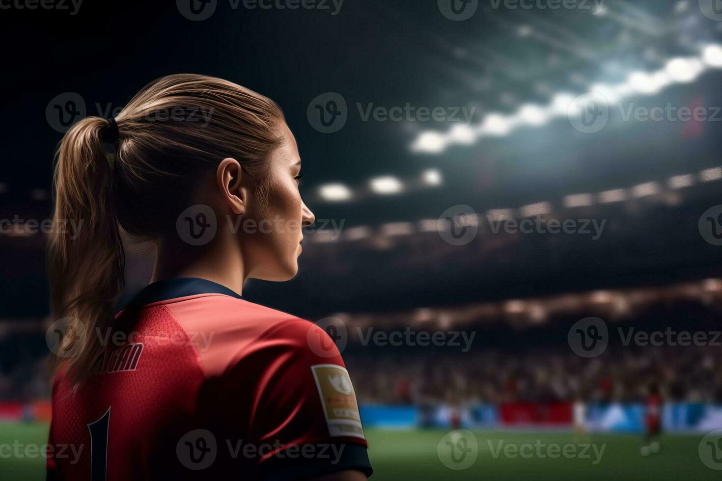 detailopname van een Dames wereldbeker Amerikaans voetbal nacht wedstrijd, generatief ai foto