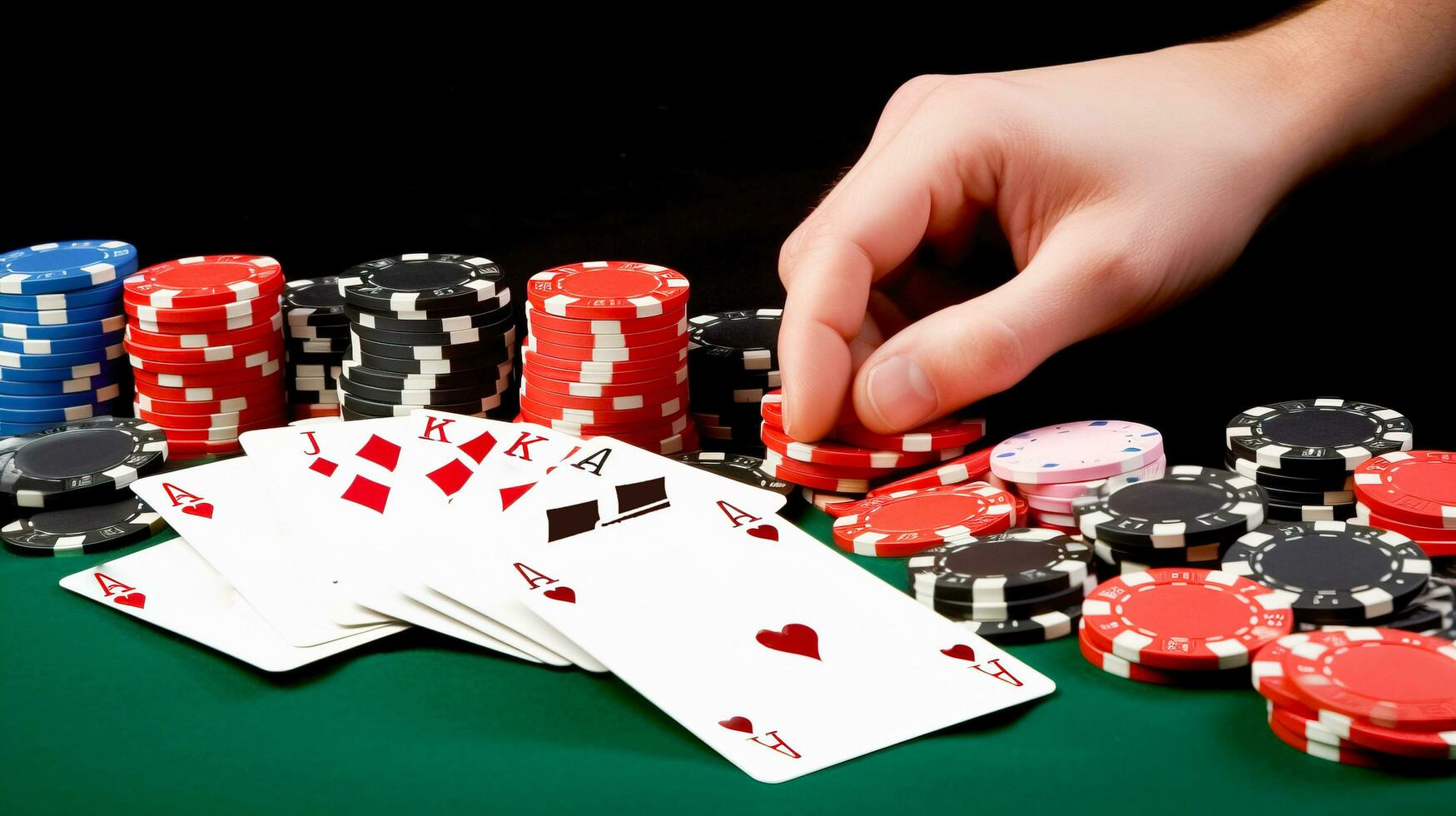 spelers handen houden kaarten Speel poker, groen tafel, casino chips. pret vakantie Bij toevlucht. ai gegenereerd. foto