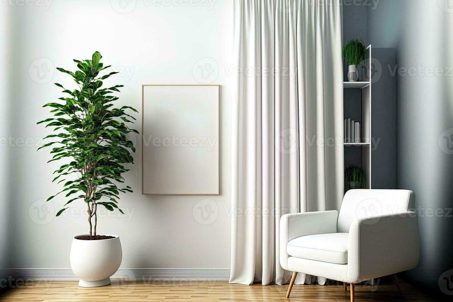 leven kamer interieur mockup met tapijt, wit stoel, lamp, koffie tafel, boekenplank, plant, en gordijn. blanco muur met verticaal poster. generatief ai foto