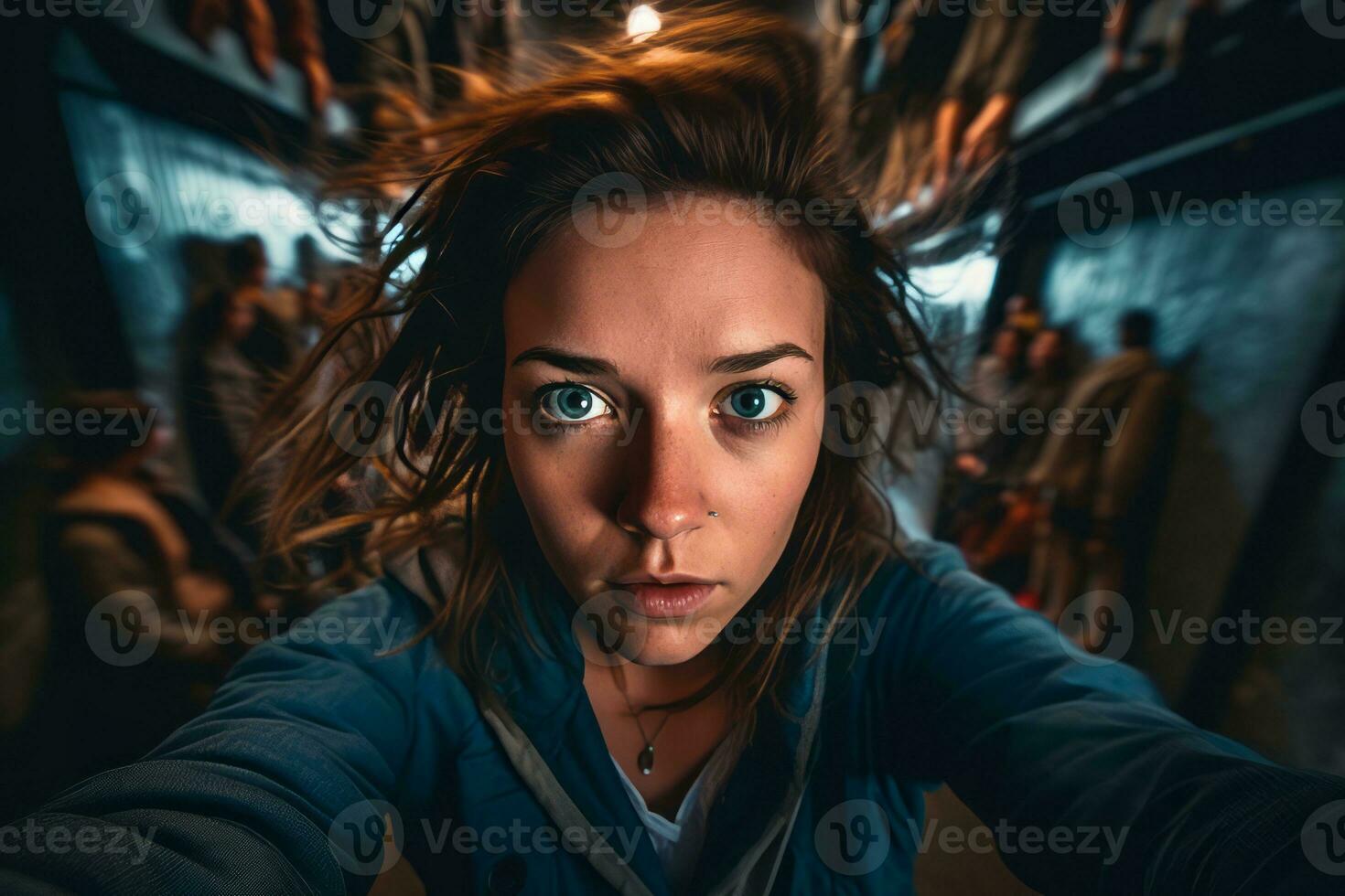 een vrouw is nemen een selfie in een donker tunnel generatief ai foto