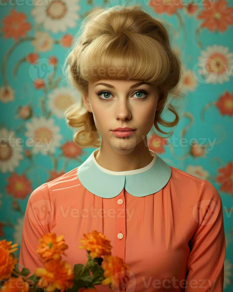 een vrouw in een oranje jurk Holding een boeket van bloemen generatief ai foto