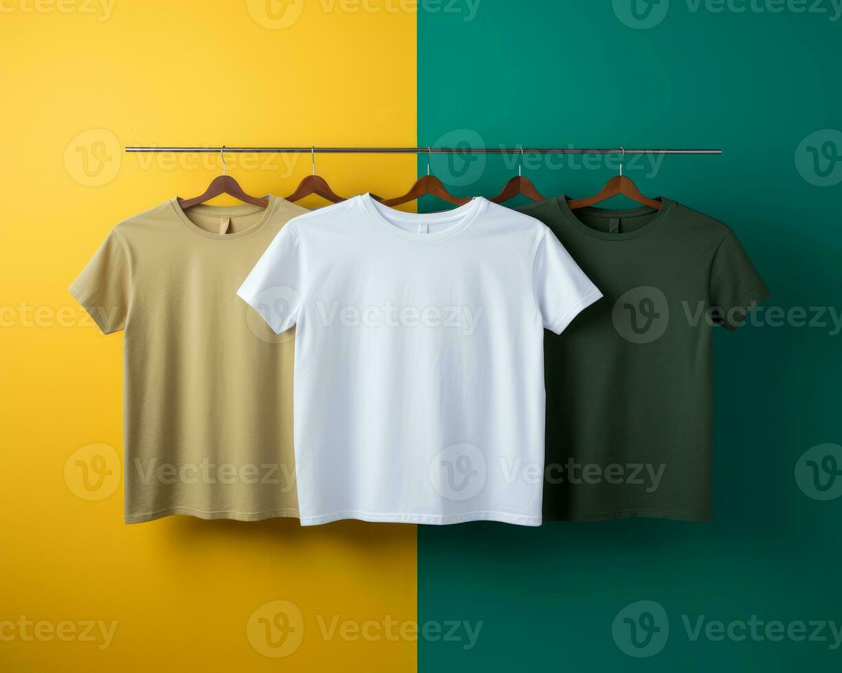 drie t - overhemden hangende Aan een rek tegen een geel en groen achtergrond generatief ai foto