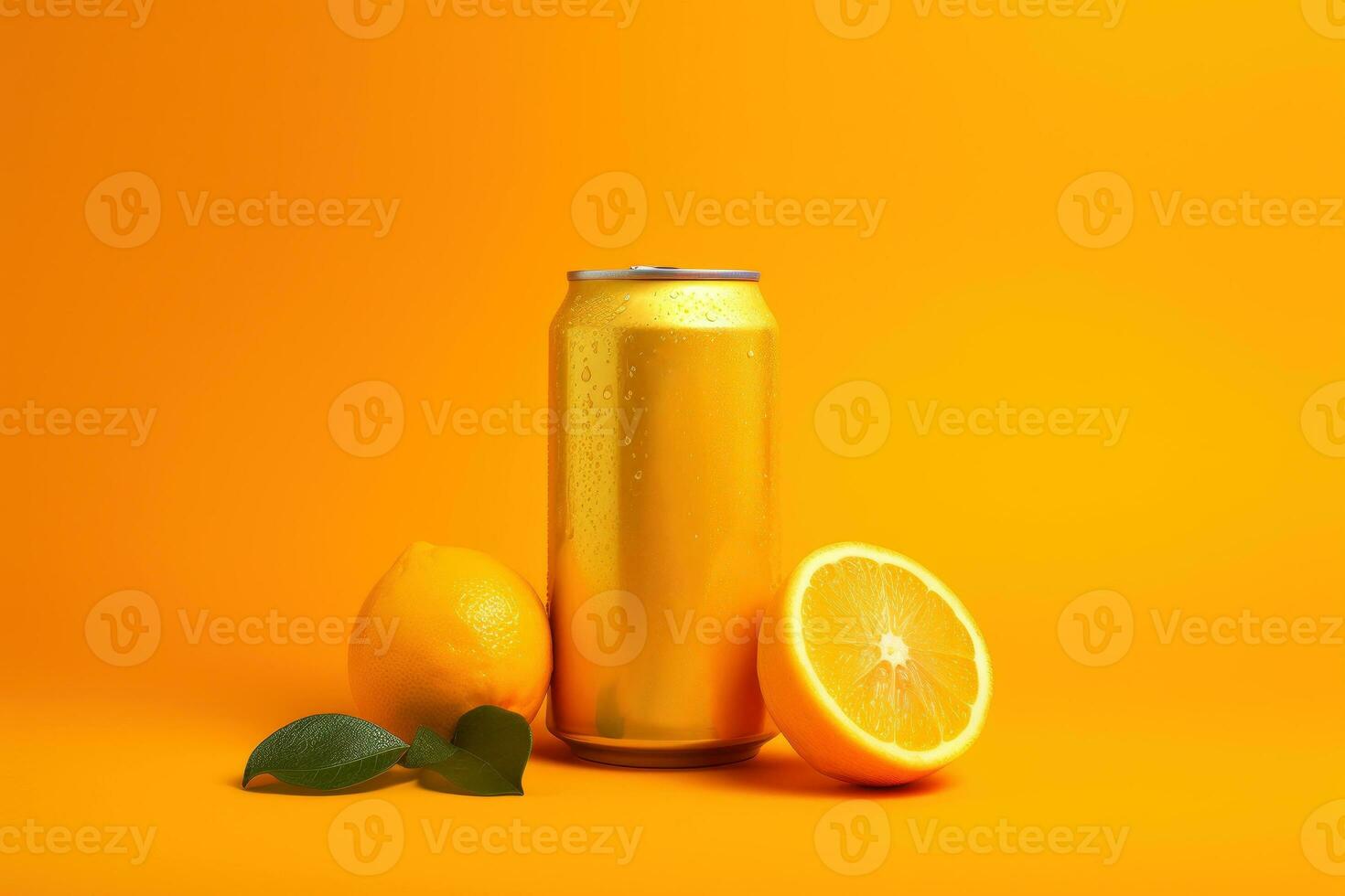 realistisch oranje kleur ijzer kan. bespotten omhoog voor uw promo ontwerp met sinaasappels en bladeren. gemaakt gebruik makend van generatief ai. foto