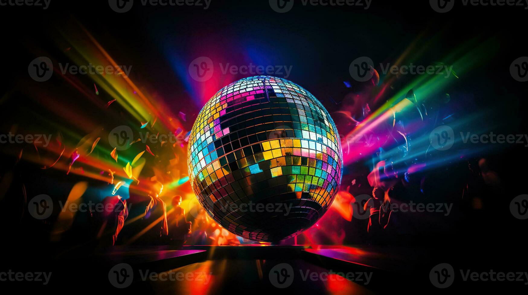 disco spiegel bal geslagen nachtclub lasers exploderend in prismatisch regenbogen, generatief ai foto