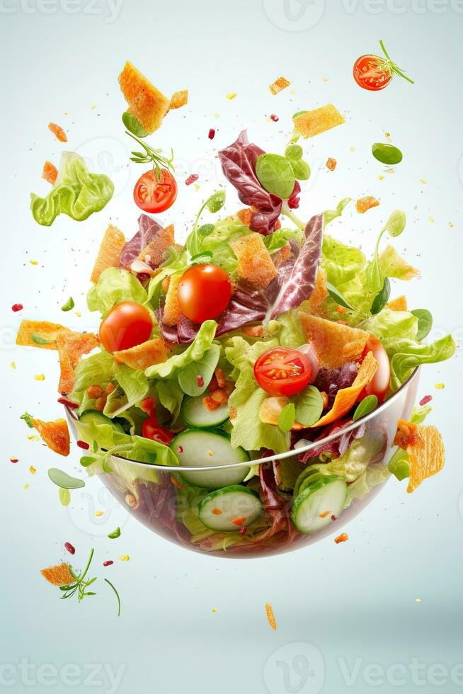 salade vliegend ingrediënten Aan wit achtergrond, ai gegenereerd foto