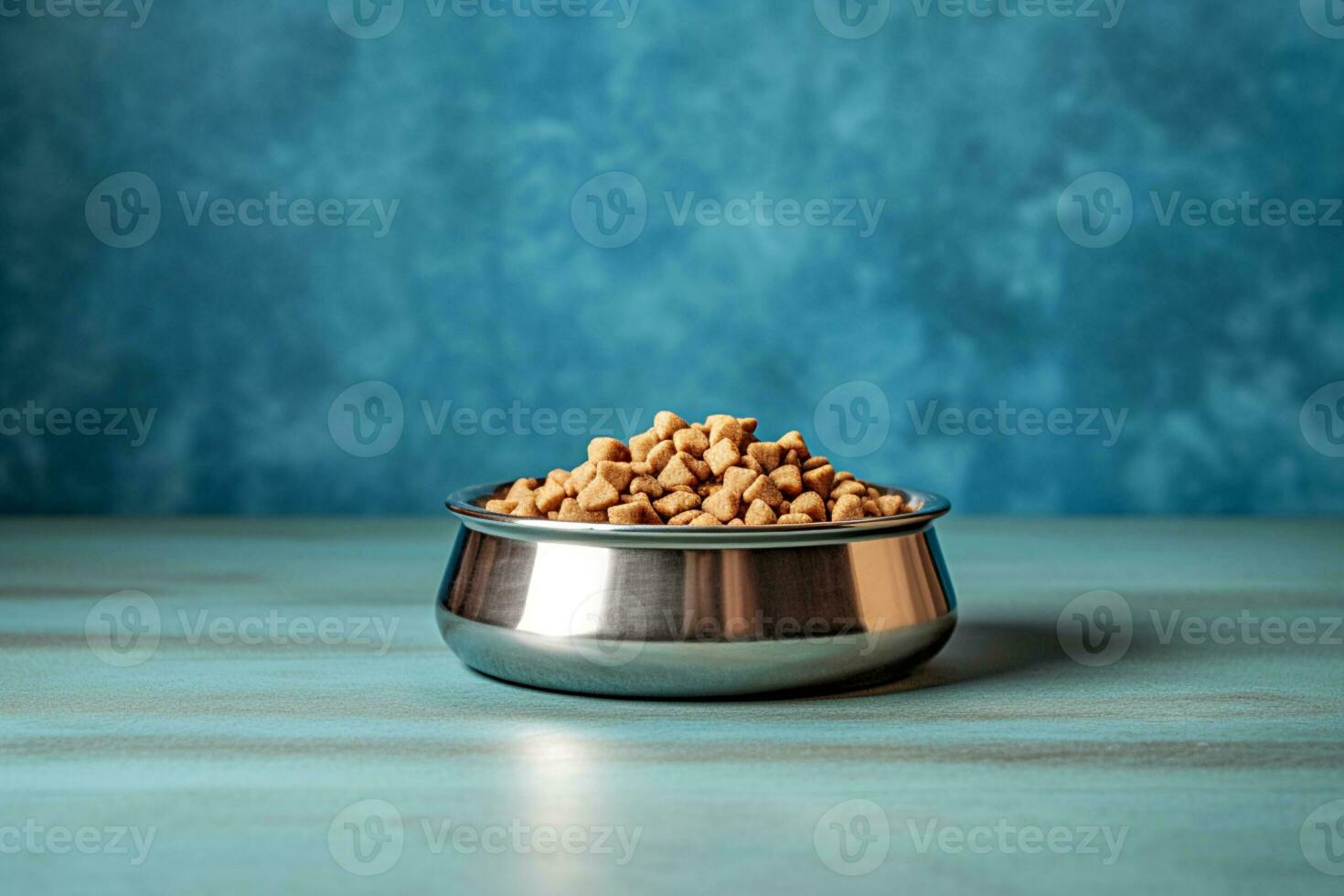 hond kom met droog voedsel Aan houten tafel Aan blauw achtergrond kopiëren ruimte generatief ai huisdieren zorg foto